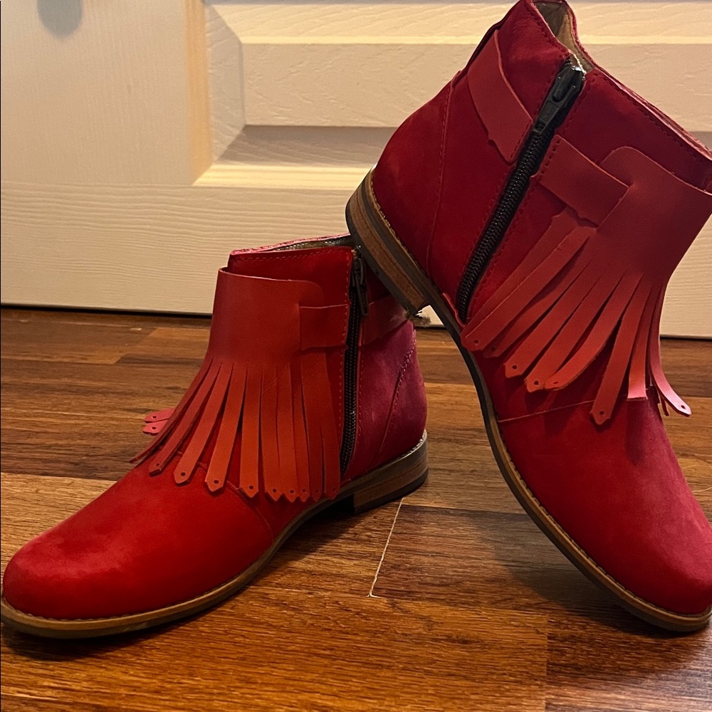 Marc Joseph Red Ankle Booties with Fringe